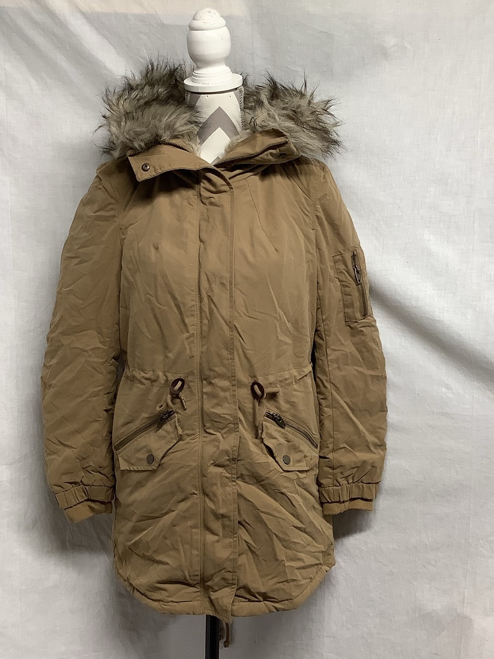 H&M Divided Women’s Tan Faux Fur-Trim Parka Hood Jacket
